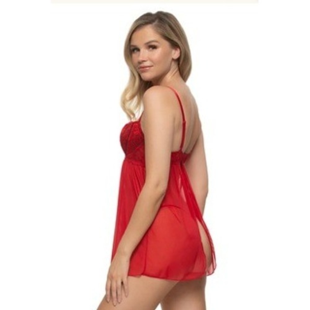 Jezebel Red Lace Underwire Babydoll Chemise and G-String Set Size Large 999562 - Picture 3 of 7